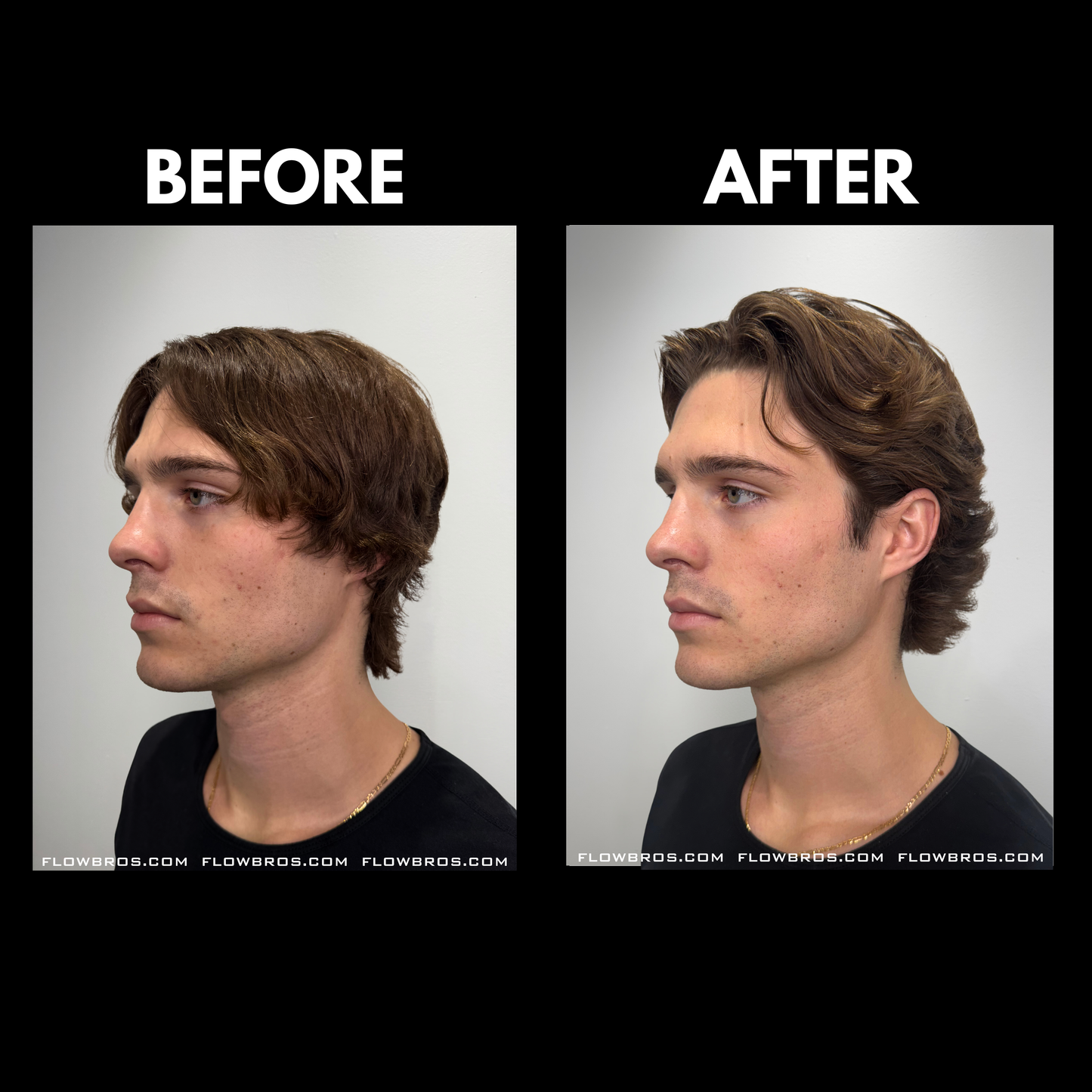 Before and after comparison of a person with styled hair on a gray background.