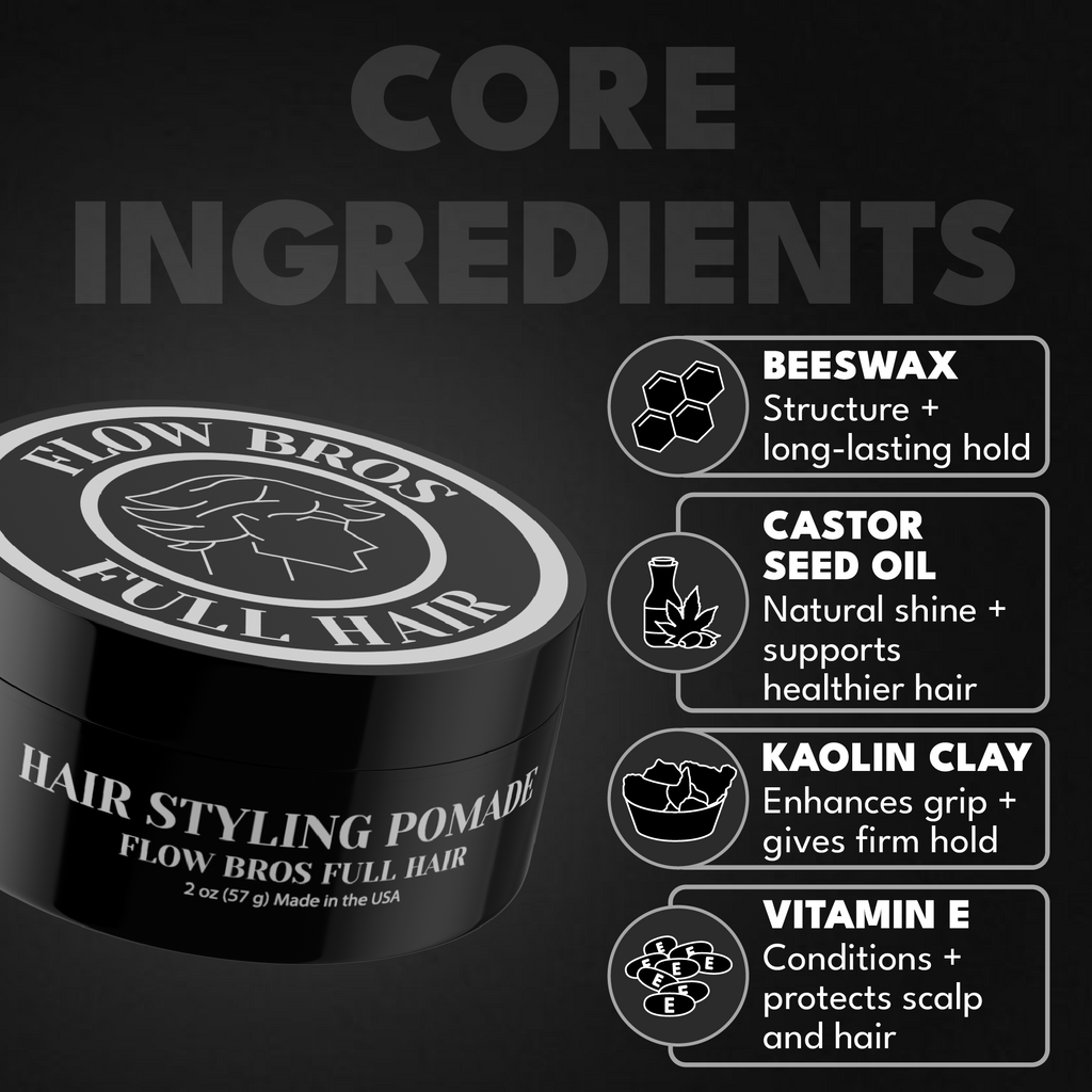 Hair styling pomade container with core ingredients listed on a black background