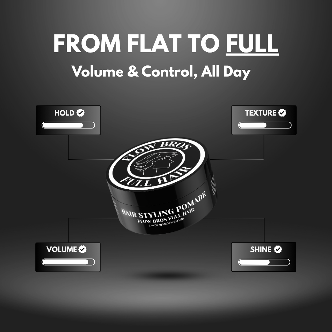 Black pomade jar with branding on a dark background, featuring text about hair styling product features.